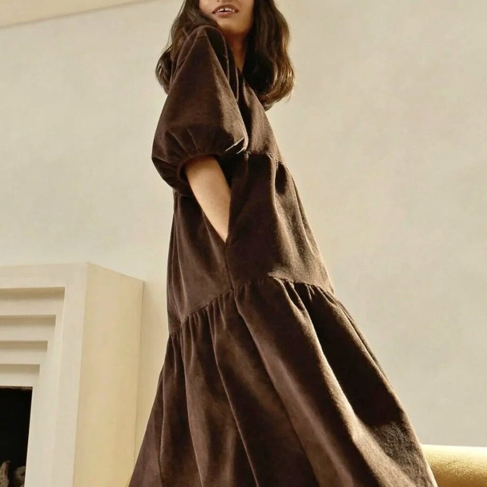 Everlane Tiered Corduroy Puff Sleeve Dress